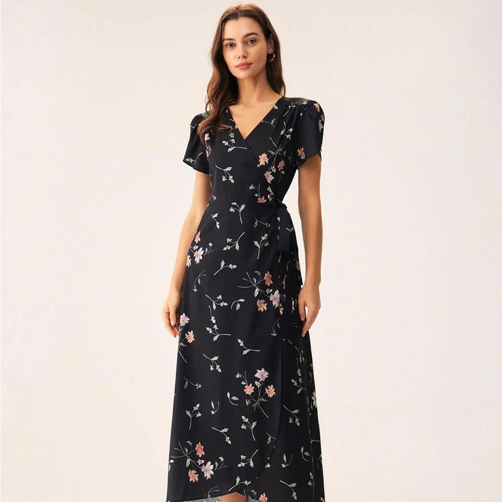 RIHOAS Black Floral Maxi Dress with Pink and Green Accents